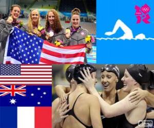 пазл Подиум плавательный 4 × 200 метров вольным стилем реле женщин, Соединенные Штаты Америки, Австралии и Франции